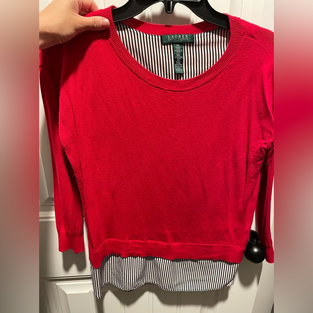 Red Lauren Ralph Lauren petite small sweater with black and white silk detail
